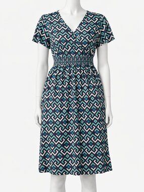 Bloomchic Geometric Print V-Neck Midi Dress Smocked Waist Teal Navy White